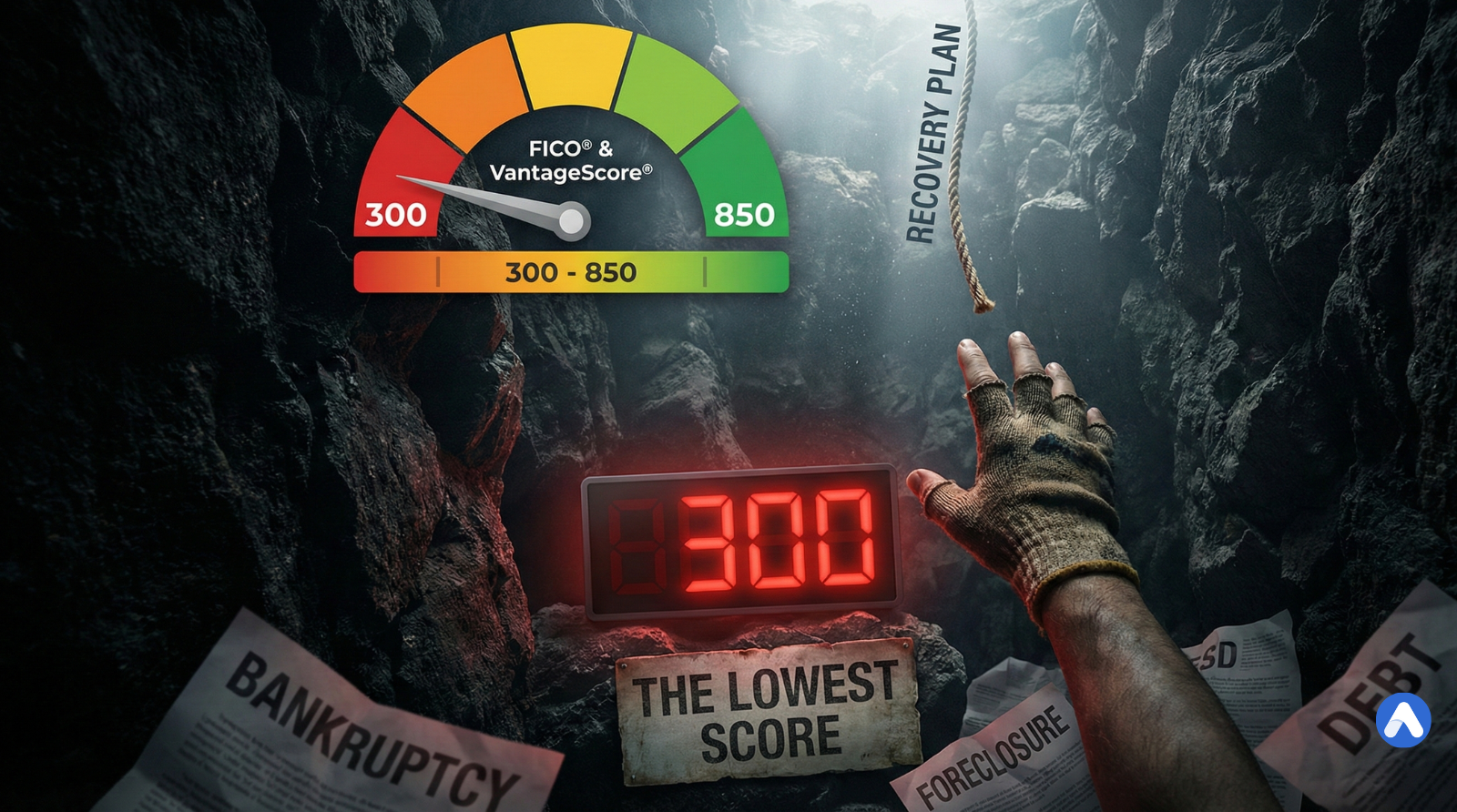 image showing lowest credit score and man hand try to catch recovery tips